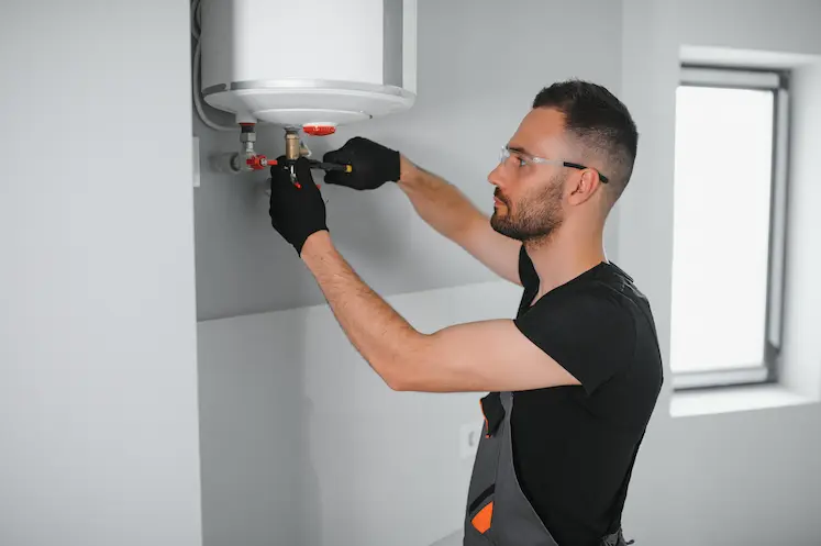 uomo al lavoro sulla riparazione di uno scaldabagno residenziale in Piemonte
