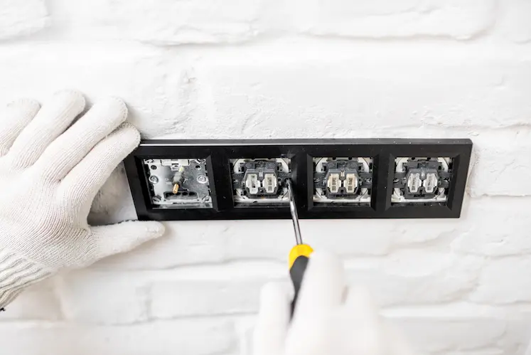 installazione interruttore elettrico moderno su parete in mattoni in condominio veneto