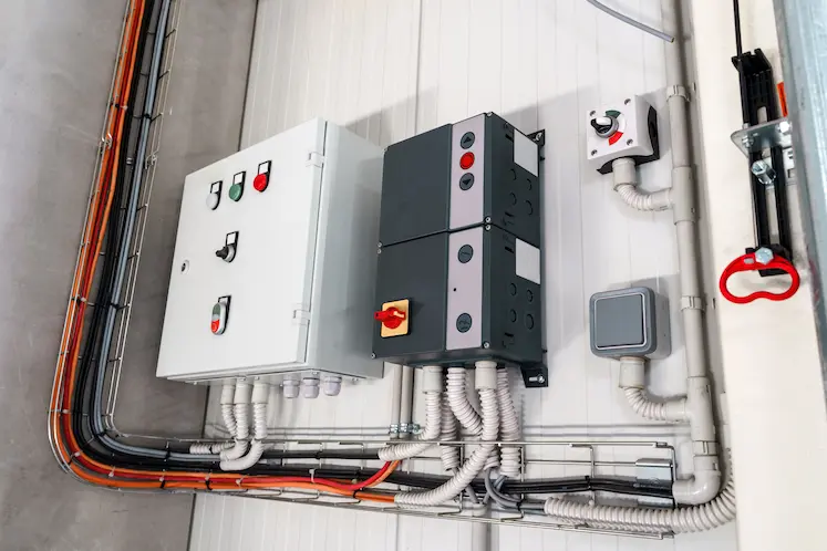 Quadri elettrici di controllo in un edificio moderno, elettricista urgente a Lecco