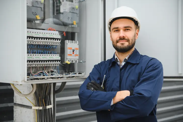 elettricista professionale posa accanto al quadro elettrico in appartamento ligure