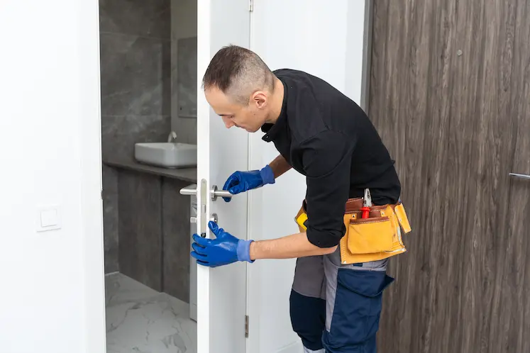 fabbro installa e stringe una porta in legno durante intervento urgente nelle Marche