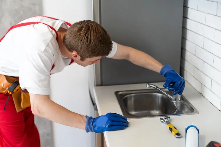 idraulico d'urgenza ripara il lavandino in una cucina moderna nel Lazio