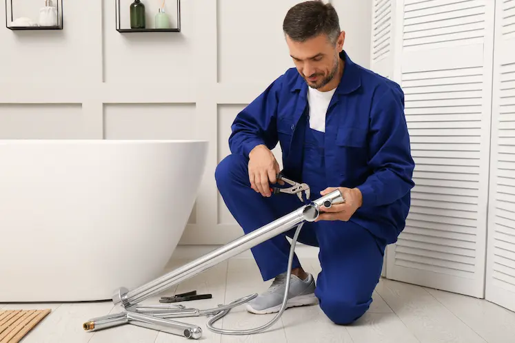 tecnico idraulico sostituisce il soffione della doccia in bagno luminoso nelle Marche