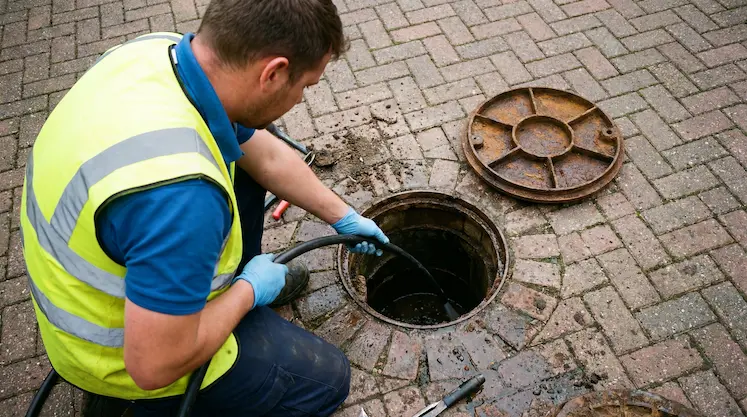 tecnici dell'autospurgo al lavoro sulla pulizia di un tombino stradale a Roma