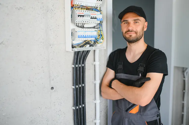 elettricista del pronto intervento al lavoro sul quadro elettrico in edificio a Fermo
